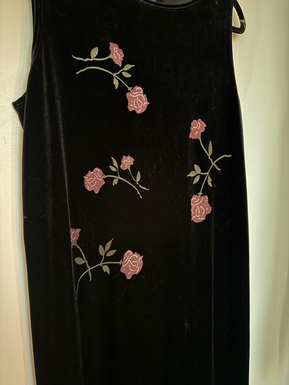 Vintage Whimsigoth Maxi Dress Black Velvet Sparkly Flower Print Size L
